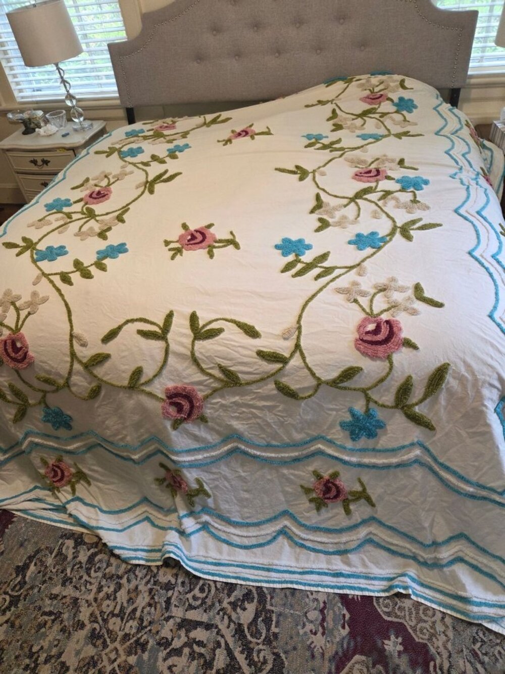 VTG Chenille Floral Bedspread Queen White Pink Blue Green 116x119 Inches